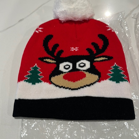 2 Reindeer Beanie Hat with Pompom Holiday Knit Cap quantity 2 - Picture 1 of 2